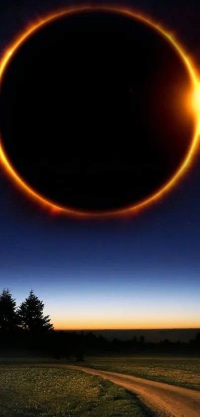 Solar eclipse over peaceful night landscape.