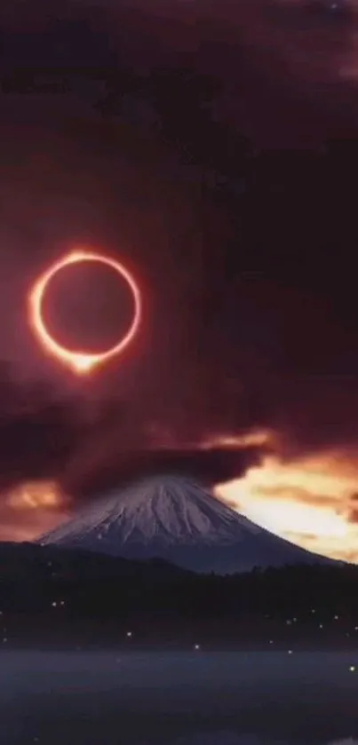 Solar eclipse over a serene mountain at dusk.