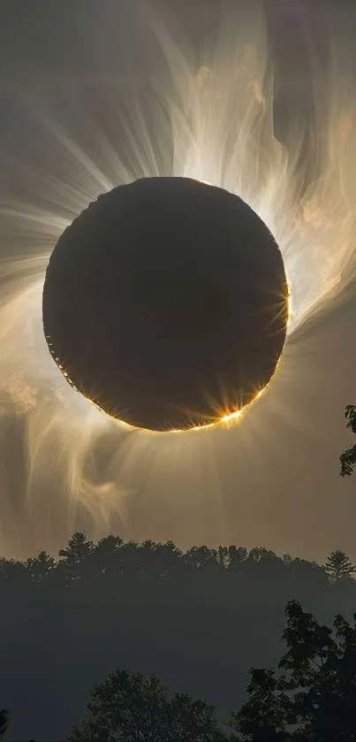 Solar eclipse with glowing aura over a scenic landscape captured in stunning detail.