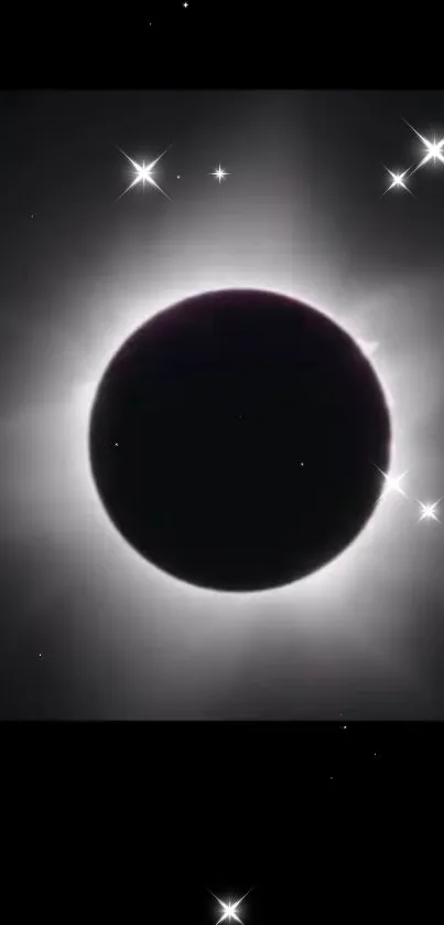 Solar eclipse with shining stars on black background.