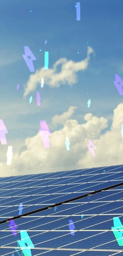 Solar panels beneath a bright, cloudy sky with colorful light shards.
