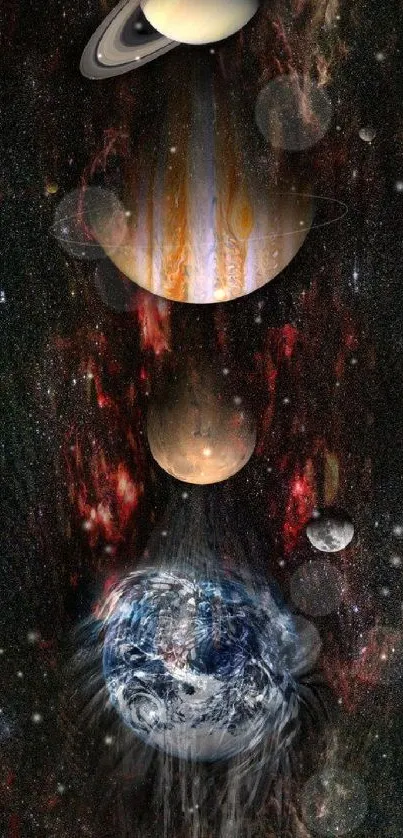 Artistic solar system wallpaper with planets and cosmic theme.