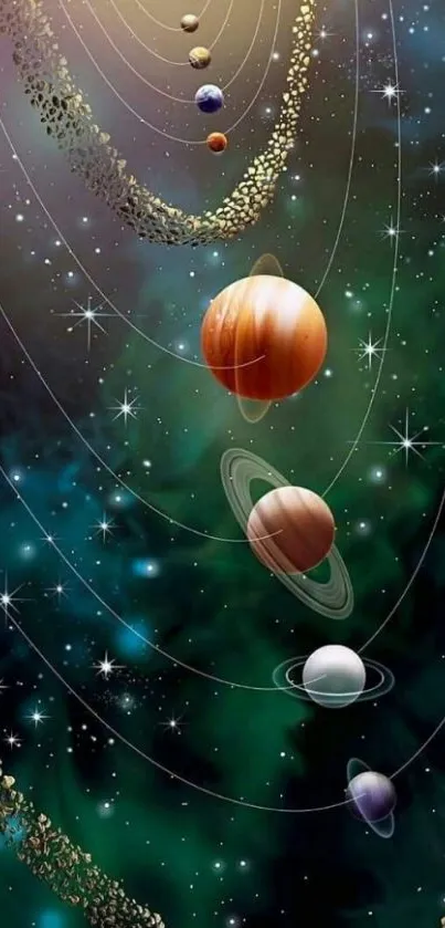 Mobile wallpaper featuring stylized solar system and galaxy art.