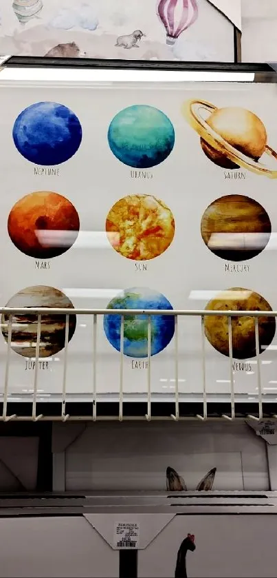 Vibrant watercolor art of solar system planets displayed in a framed print.