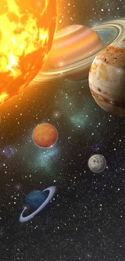 Colorful solar system planets and sun wallpaper.