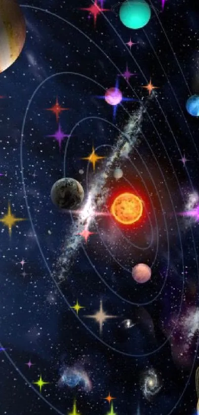 Vibrant wallpaper featuring solar system and galaxies in deep space.
