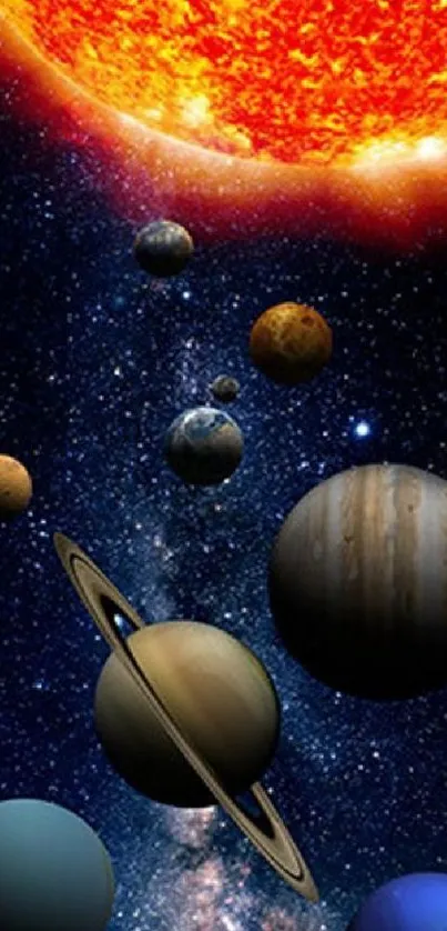 Vibrant wallpaper of the solar system with colorful planets and stars.