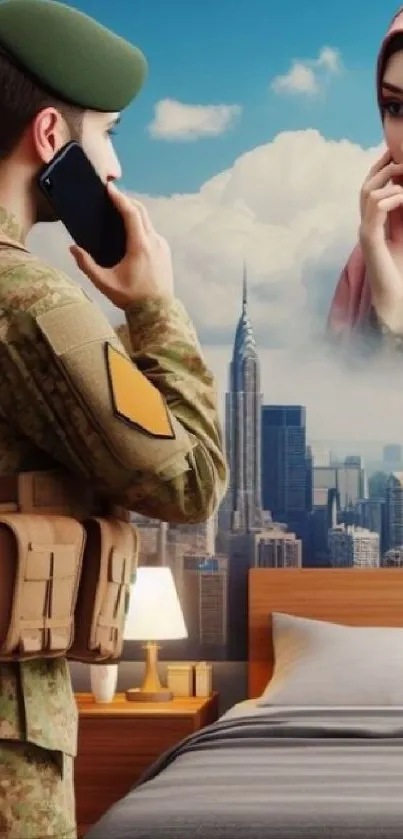 Soldier making a call beside a serene cityscape.