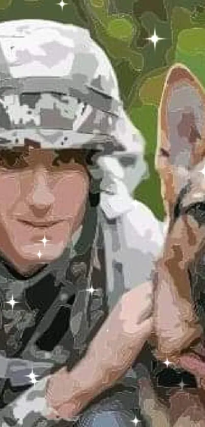 Soldier in camouflage with loyal dog by side.