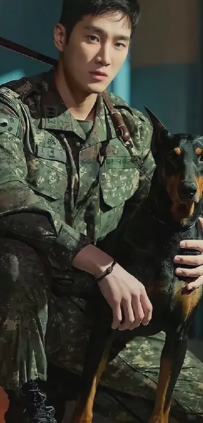 Military soldier with Doberman dog in loyalty pose.