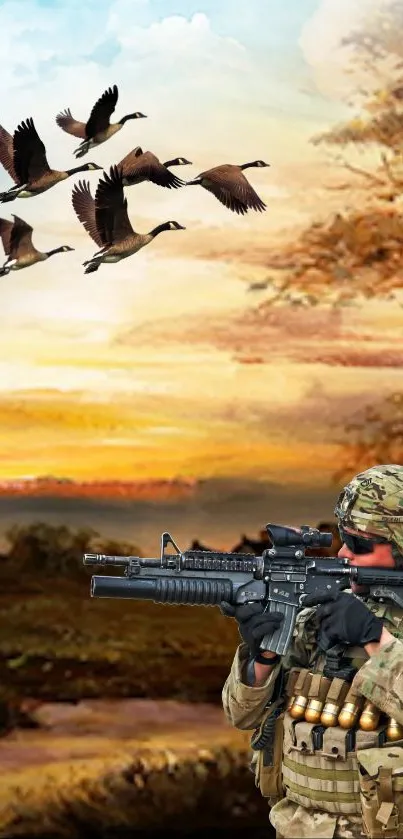 Soldier aiming and geese flying in vibrant sunset landscape.