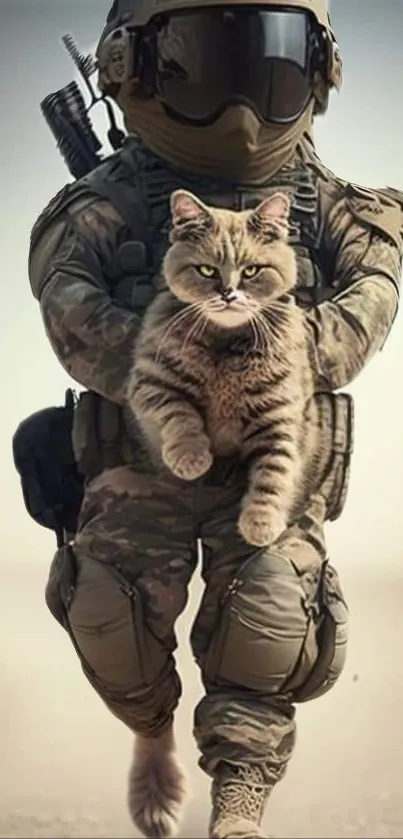 A soldier in tactical gear carrying a cute cat.