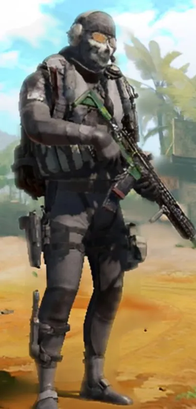 Soldier in tactical gear with tropical background.