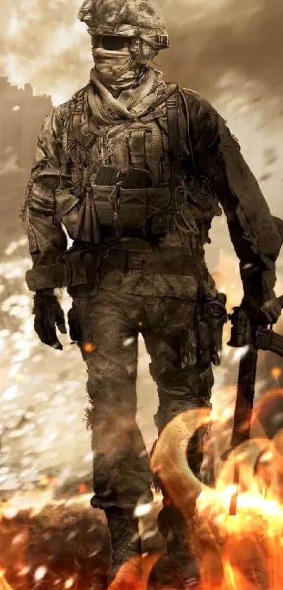 Soldier on a battlefield in intense action.