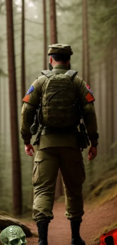 Soldier walking through a misty forest with vibrant shades of green.