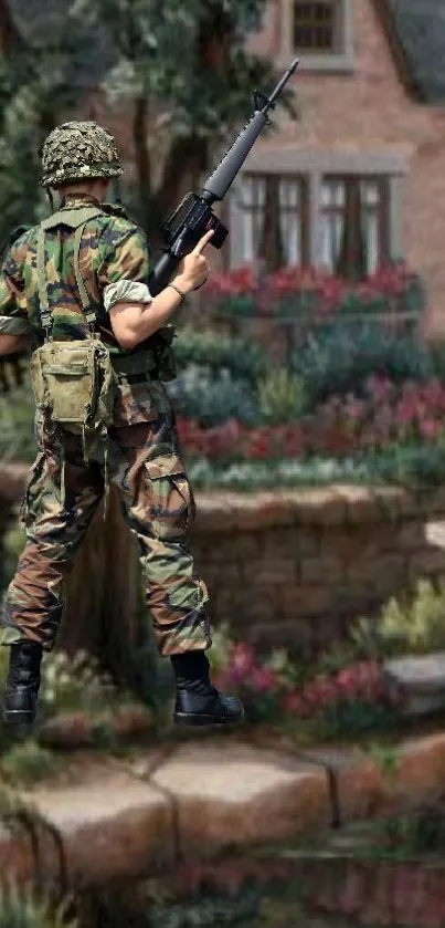 Soldier stands in a tranquil garden with vibrant flowers and a scenic background.