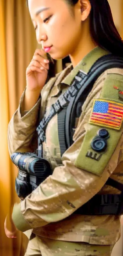 Soldier in uniform with American flag patch.