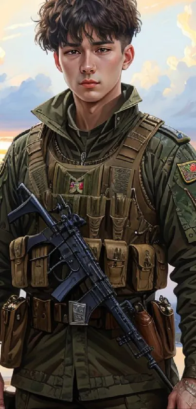 Young soldier in full military gear with a scenic background.