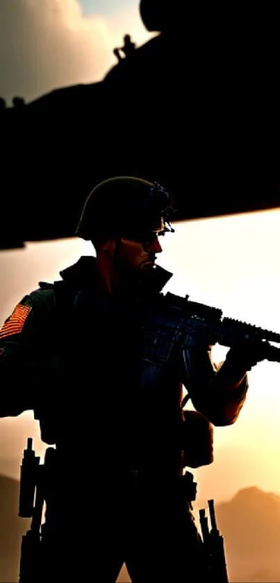 Silhouette of a soldier with a rifle against a sunset background.