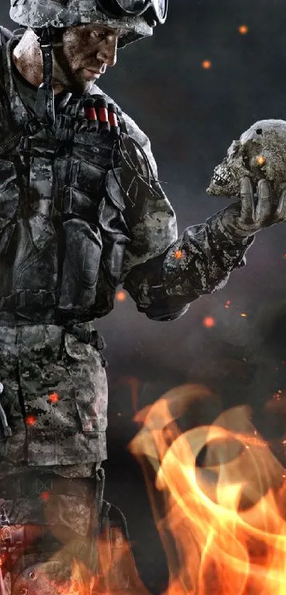 Soldier holding a skull with a dark, fiery background.