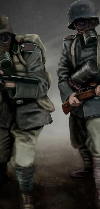 WWI soldiers in gas masks with rifles, art wallpaper.