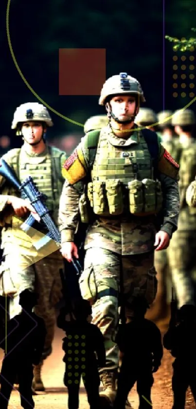 Soldiers in tactical gear marching on a forest path.