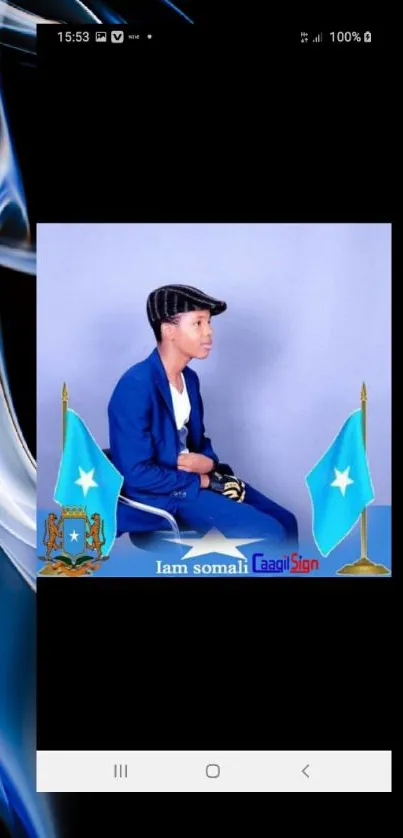 Somali flag with stylish individual in blue suit on black background.