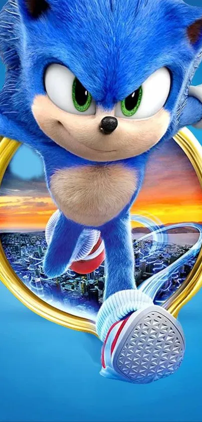 Sonic the Hedgehog racing through a cityscape in a dynamic mobile wallpaper.