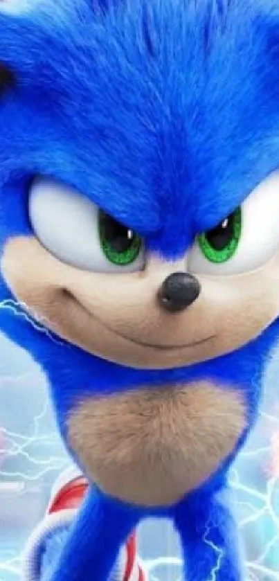 Sonic in dynamic electric action with a vibrant blue theme.