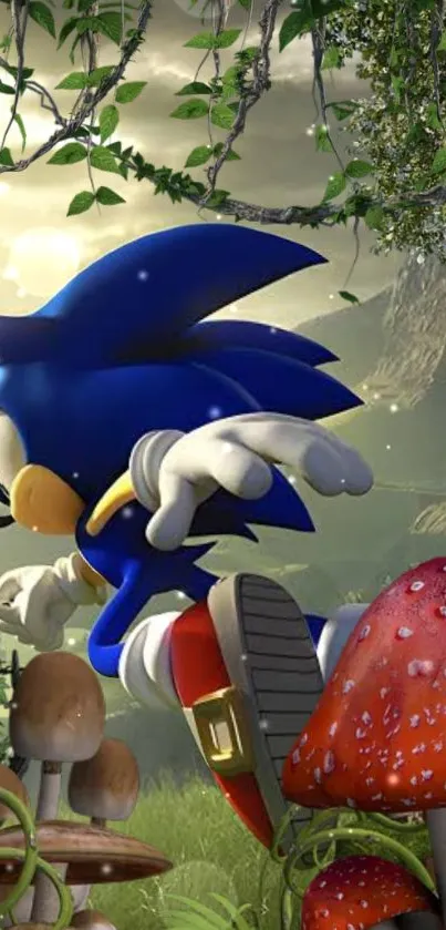 Sonic the Hedgehog in a vibrant forest scene with mushrooms.