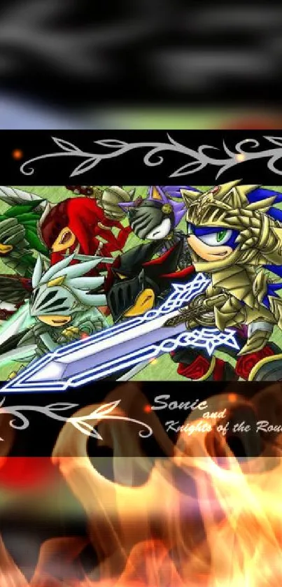 Sonic and friends in medieval armor with swords and fantasy styling.