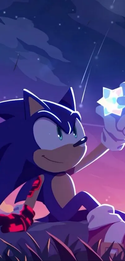 Sonic character in dynamic pose under vibrant night sky.