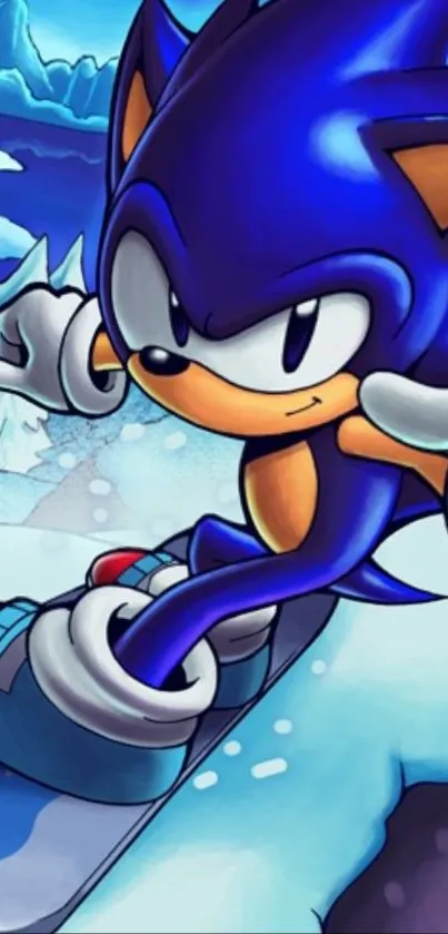 Sonic the Hedgehog snowboarding in vibrant winter scene.