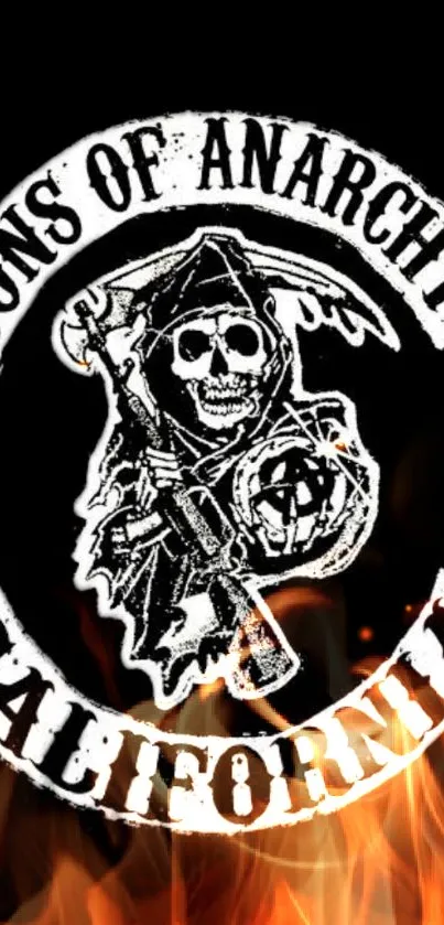 Sons of Anarchy wallpaper with flames and reaper logo.