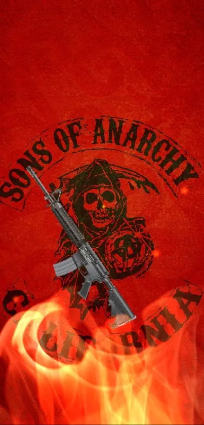 Bold red Sons of Anarchy wallpaper with skull design.