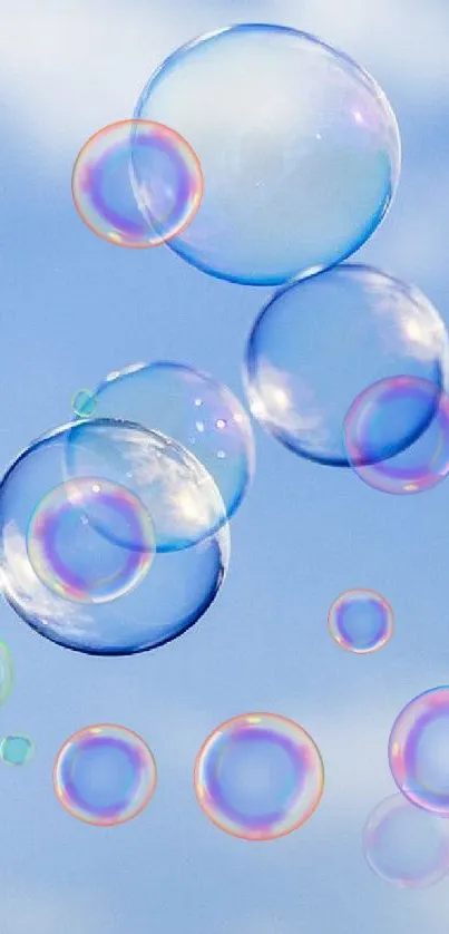 Floating blue bubbles against a soft sky background.