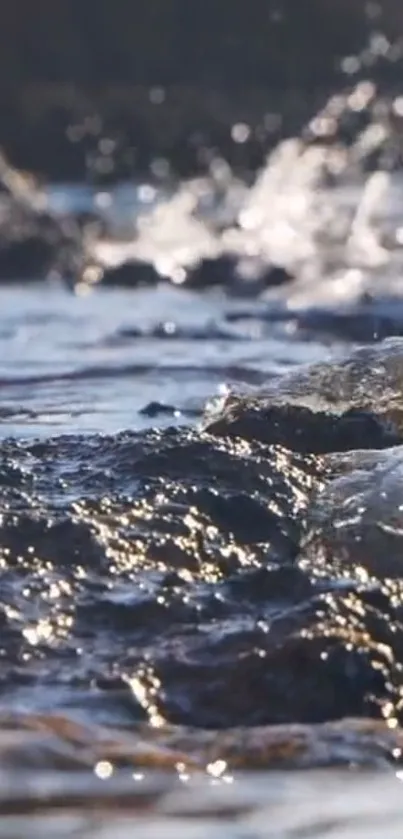 Close-up of gentle waves over rocks in soothing ocean scenery.