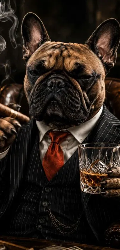 Bulldog in a suit holding a cigar and whiskey glass.