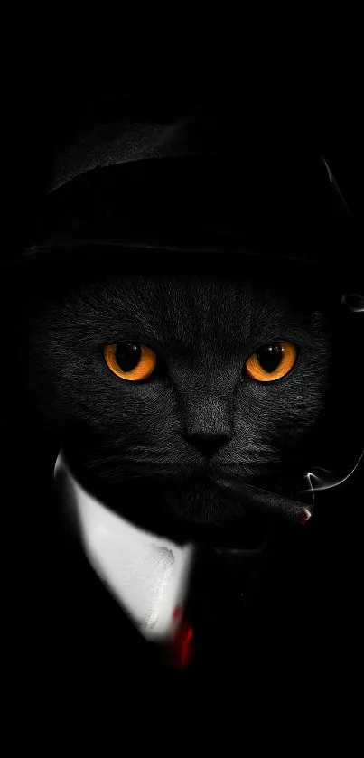 Black cat with orange eyes and a hat on dark background.