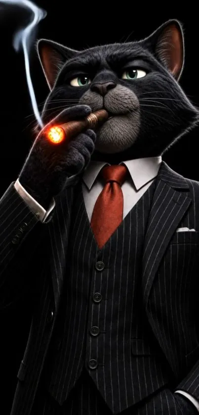 Cartoon cat in a suit smoking a cigar, dark background.