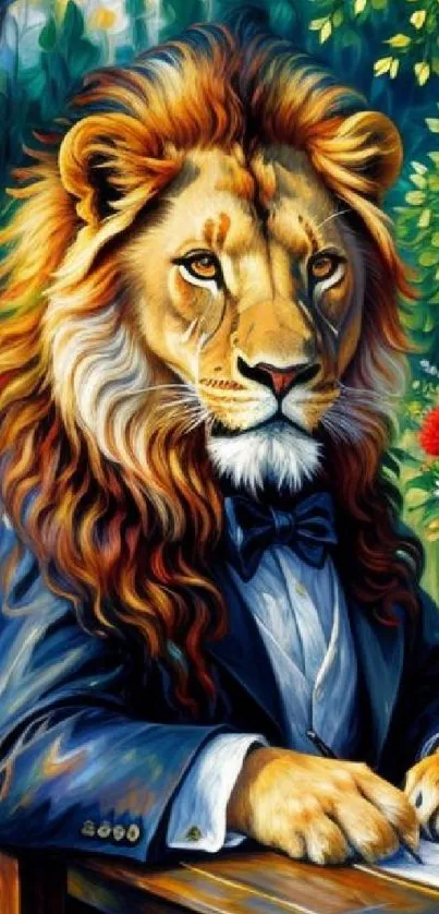 Elegant lion in a suit with floral background.