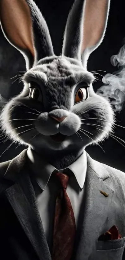 Animated rabbit in suit with smoke on dark background.