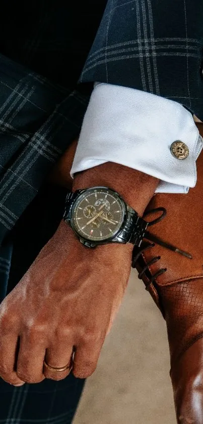 A stylish plaid suit with a watch and leather shoes, exuding sophistication.