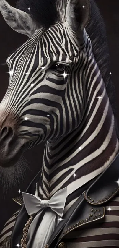 Zebra wearing an elegant suit and bow tie in a stylish art design.