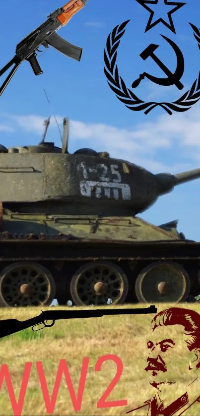 Soviet WWII tank wallpaper with historical symbols.