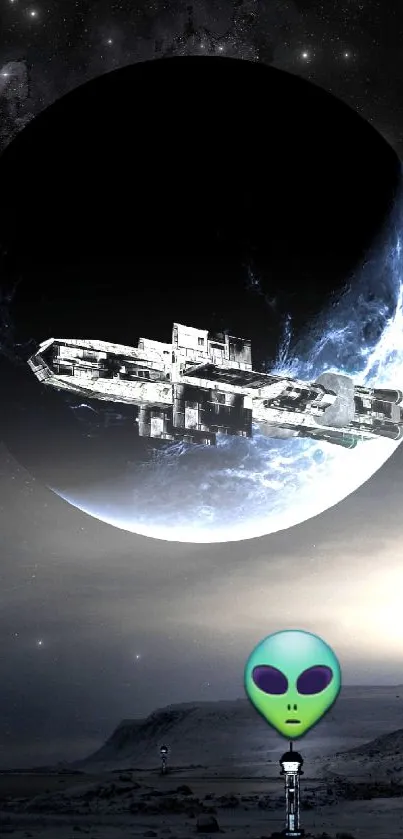 Alien themed space adventure wallpaper with spaceship and planet.