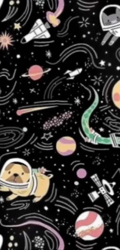 Cartoon astronauts and planets in a starry cosmic theme wallpaper.