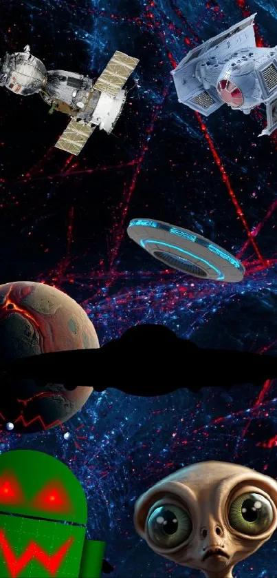 Alien and spaceship in cosmic scene wallpaper.