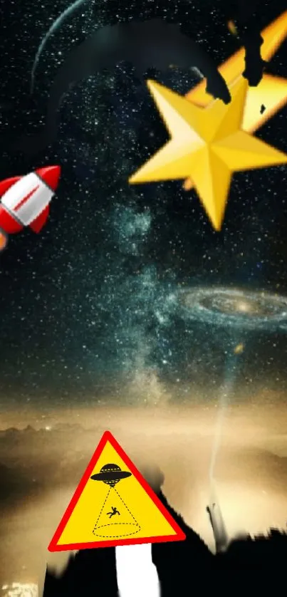 Surreal space fantasy wallpaper with star, rocket, and UFO.