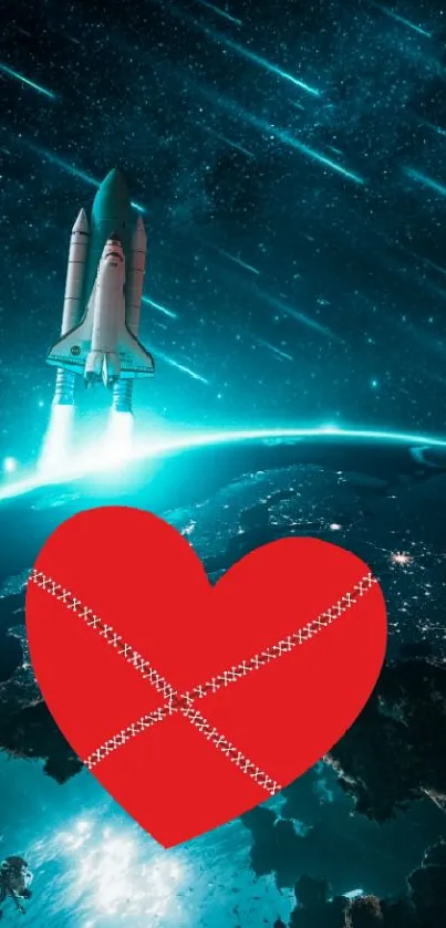 Mobile wallpaper featuring a spaceship with a red heart in a starry cosmos background.